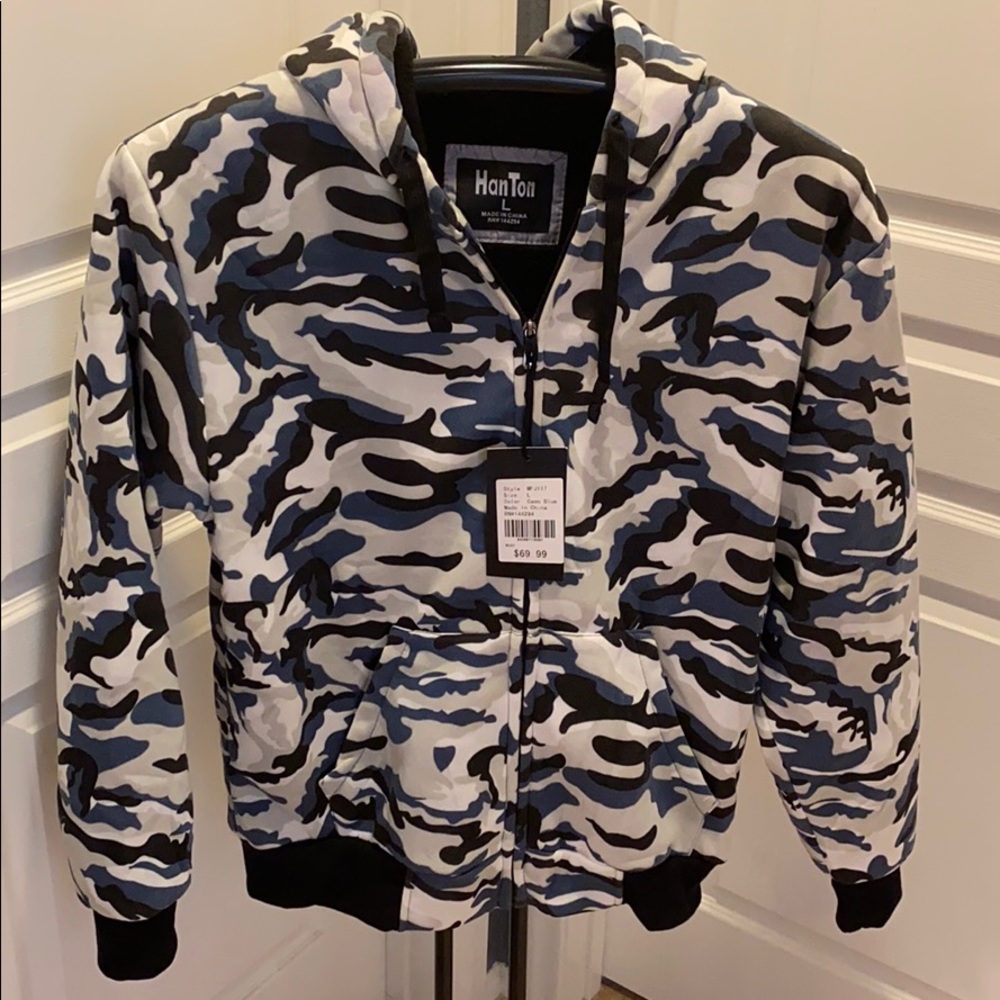 Han Ton Camo Blue Sherpa Hoodie Sweatshirt/New
